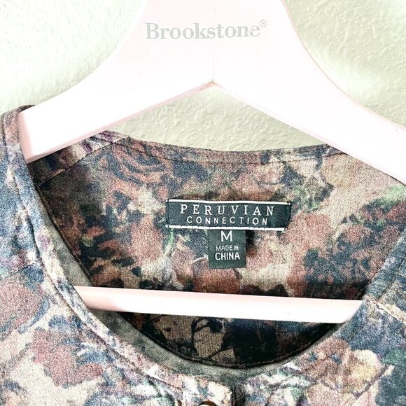 Peruvian Connection Dark Floral Collarless Button Up Long Sleeve Top in Size M - Picture 2 of 7